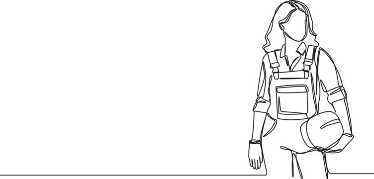 recommend clip art: continuous single line drawing of female construction worker holding hard hat in hand, line art vector illustration