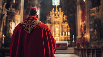 Naklejka premium A cardinal dressed in ornate red robes stands before a golden altar inside a grand church, symbolizing faith and tradition. 
