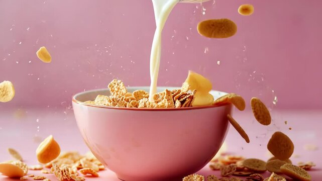 Milk is being poured into a bowl of cereal on a pink background