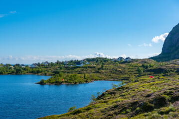 Landscape with lake Sorvagvatnet near Sorvagen. Lofoten district in Norway