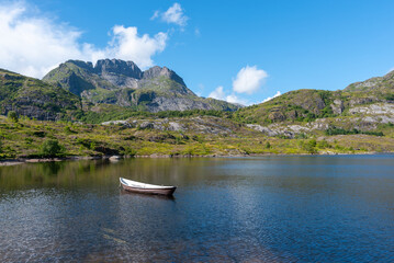 Fototapeta premium Landscape with lake Sorvagvatnet near Sorvagen. Lofoten district in Norway