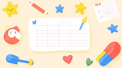 A colorful stationery layout featuring stars, hearts, and various writing tools arranged around an empty notepad.
