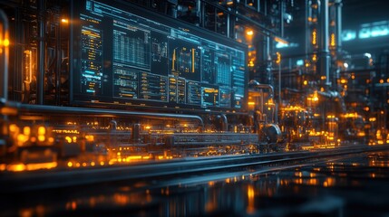 Fototapeta premium Futuristic Industrial Interior with Glowing Displays