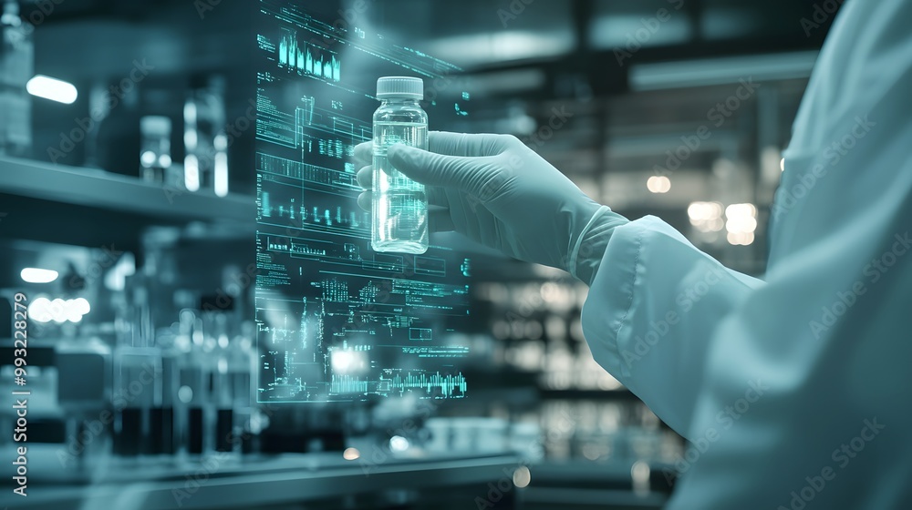Poster scientist holding a glass bottle in a laboratory with a digital display in the background
