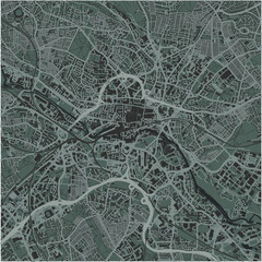 Map of Leeds in United Kingdom in a smooth dark style. Contains layered vector with roads water, parks, etc.