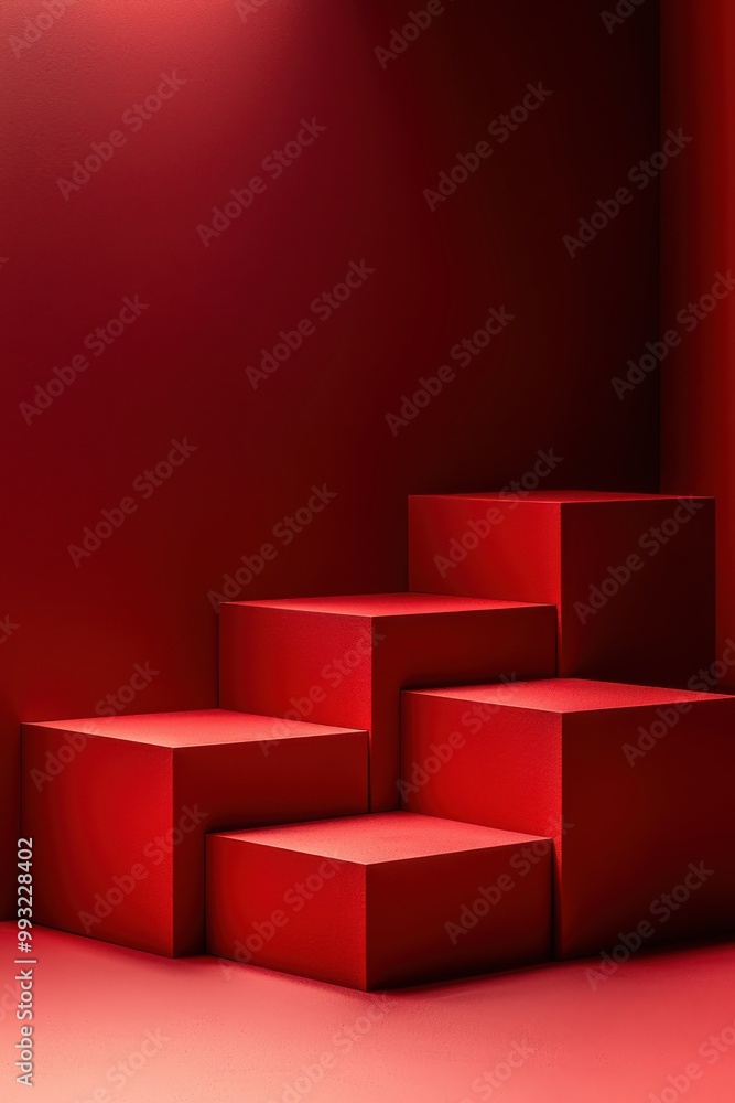 Poster red background with three cubes of varying sizes, creating a geometric and minimalist abstract scene