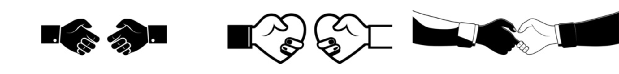 Heart Handshake Icons. Love, partnership, friendship, hands, hands shake, hands together icon set.