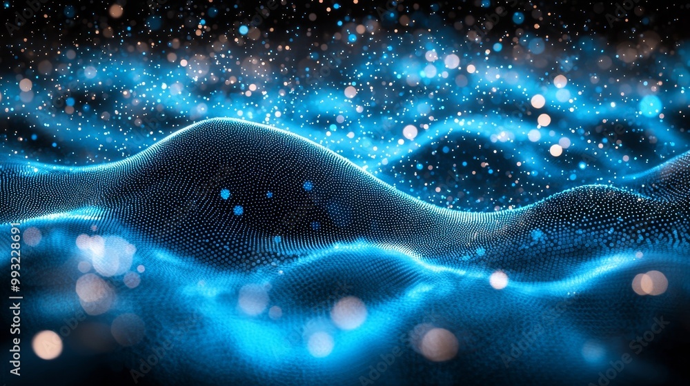 Aufkleber the blue wave flow of digital particles in cyberspace is an abstract background of digital particles