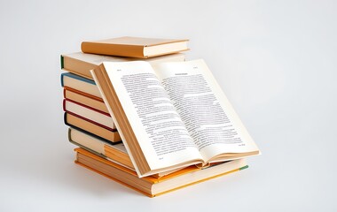 Obraz premium pile of books with one book open on white background, place for text 