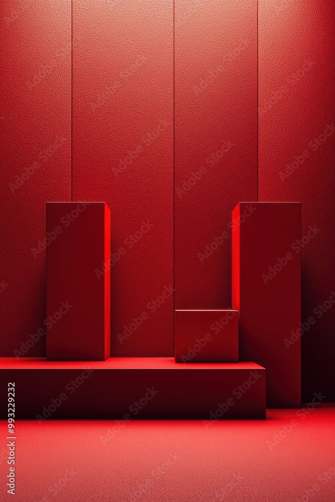 Poster abstract red background with three geometric cubes of varying sizes standing on different platforms