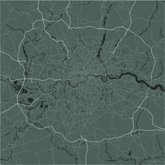 Map of London in United Kingdom in a smooth dark style. Contains layered vector with roads water, parks, etc.