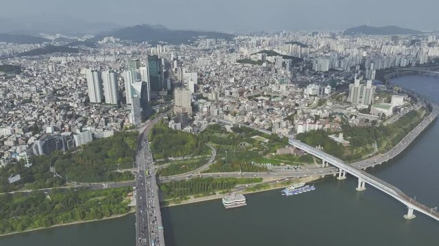 Drone View of Seoul city in South Korea, Hapjeong Station, Hot place, Summer, 60fps
