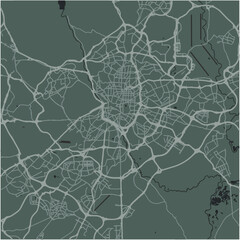 Map of Madrid in Spain in a smooth dark style. Contains layered vector with roads water, parks, etc.