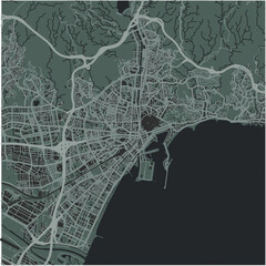 Map of Malaga in Spain in a smooth dark style. Contains layered vector with roads water, parks, etc.