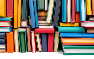 Books. A lot of books with bright covers in one pile isolated on white background. Place for text. Design element, paper and leather texture. Colorful books on the shelf, close up