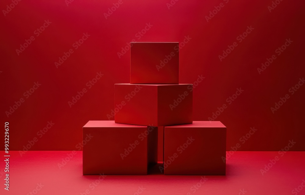 Poster minimalistic composition of three stacked cubes on a red background creating a modern and bold visua