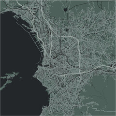 Map of Marseille in France in a smooth dark style. Contains layered vector with roads water, parks, etc.