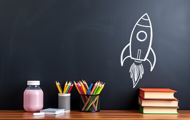 Start School Concept - Supplies On Desk And Rocket Drawn On Blackboard