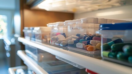 Colorful Pill Boxes Filled with Various Medications in Close-Up