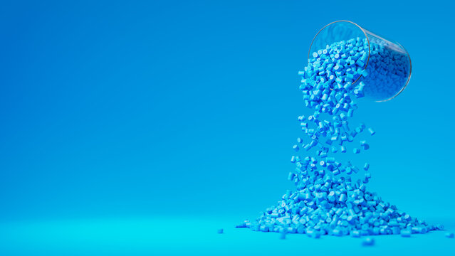 Blue plastic polypropylene granules pouring from the glass on a blue backdrop, masterbatch polymer grain pile. HDPE or PVC resin pellets. Place for text. 3d render illustration