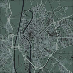 Map of Sevilla in Spain in a smooth dark style. Contains layered vector with roads water, parks, etc.