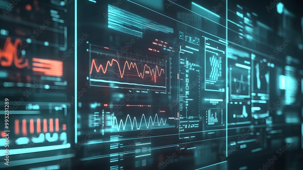 Poster futuristic digital interface with data visualizations and graphs