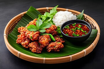 Moo Tod (Thai Fried Pork) golden brown and crispy, served with a spicy dipping sauce and sticky rice