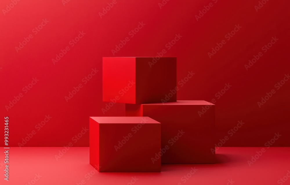 Poster abstract composition of three red cubes stacked against a vibrant red background