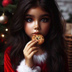 Naklejka premium Girl brown eyes eating cookie at Christmas
