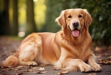 Golden Retriever Dog Relaxing On Autumn Pathway With Greenery Background