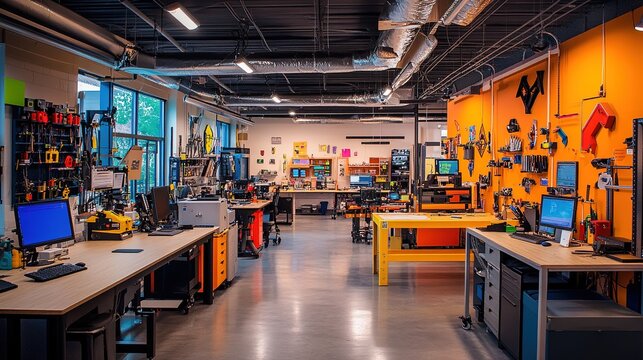 Modern workshop filled with advanced equipment for fabrication and design projects during a sunny afternoon