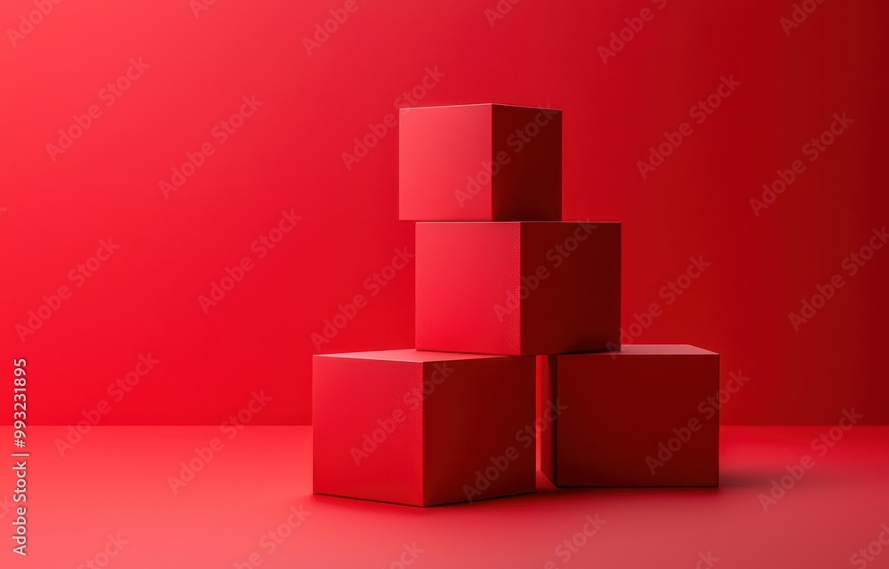 Poster minimalist composition of three red cubes stacked on a vibrant red background for modern design conc