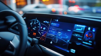 Interior of a modern electric vehicle showcasing a sleek dashboard and advanced technology in a well-lit environment