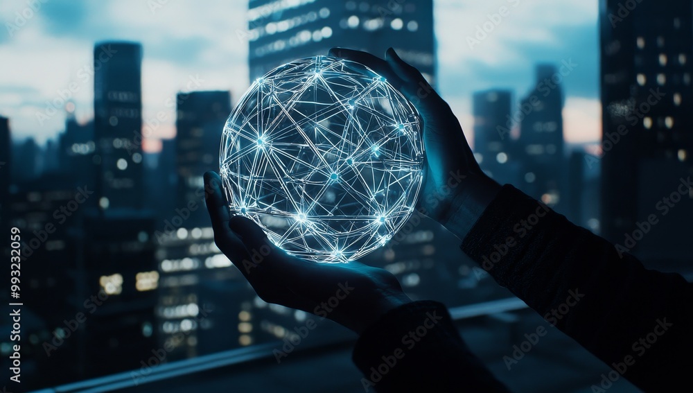 Poster entrepreneur who holds global network and data connections with clients on a city background with in