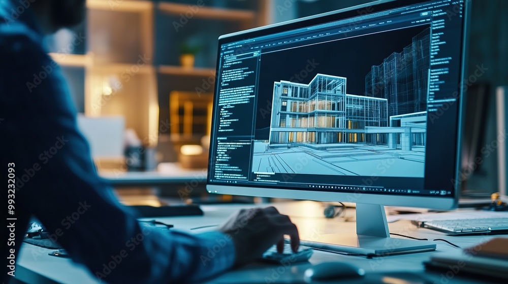 Fototapete A designer working on a 3D architectural model at a modern office desk late in the evening with a computer display showcasing the project