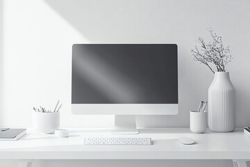 A minimalist white desk with a computer, keyboard, mouse, vase, and pencils.