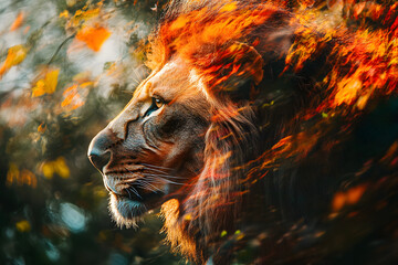 A majestic lion with a fiery mane, blending seamlessly into the autumn leaves in a surreal and powerful nature-inspired composition