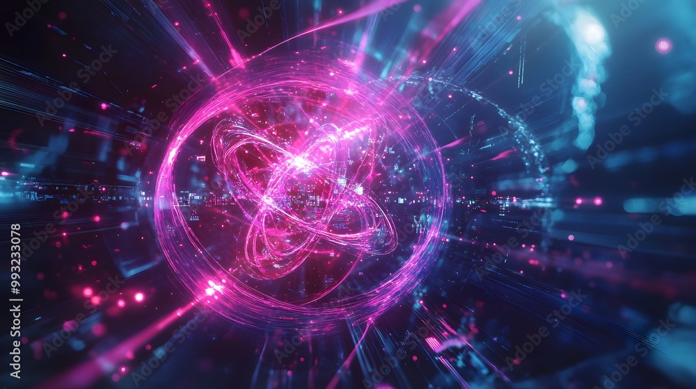 Poster a glowing pink and blue sphere of light with abstract lines and patterns