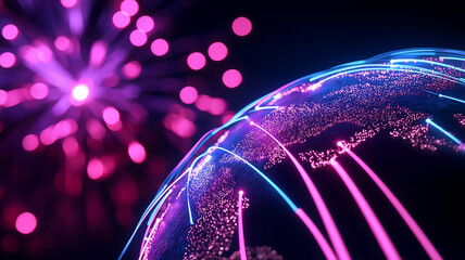 A conceptual globe surrounded by neon lights and fireworks, symbolizing the global celebration of the New Year, with glowing lines connecting different cities.