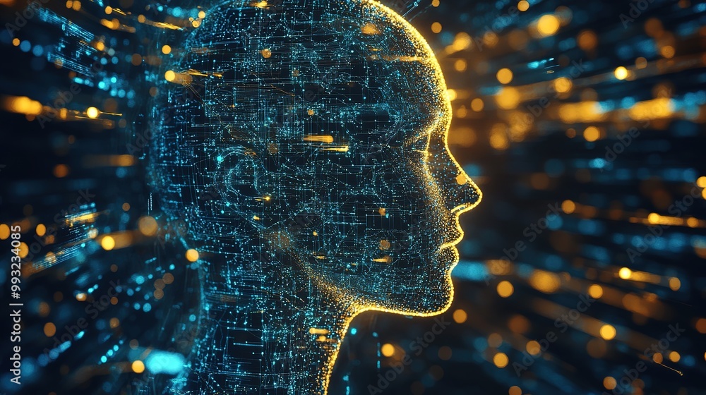 Poster digital human silhouette with glowing neural connections representing artificial intelligence and da