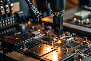 Automated production of electronic devices. Modern robotic manipulators on the assembly line of chips and printed circuit boards at a modern electronics factory. Installing components on the board.