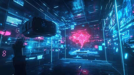 A futuristic robot wearing a virtual reality headset stands against a glowing digital backgroundvvvv