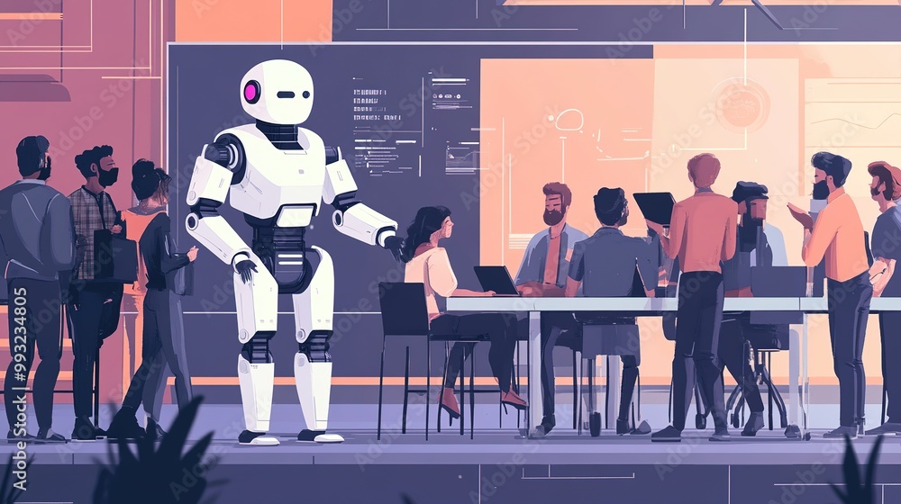 Poster a diverse group of professionals engaging with a humanoid robot during a collaborative meeting in a 