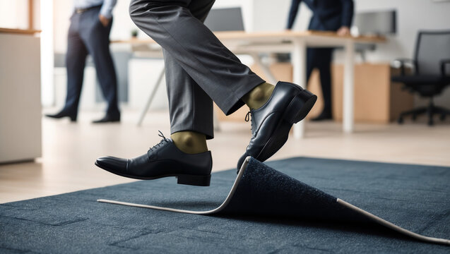 A Pair of Legs Tripping Over a Loose Carpet Edge, Capturing the Moment of an Office Stumble