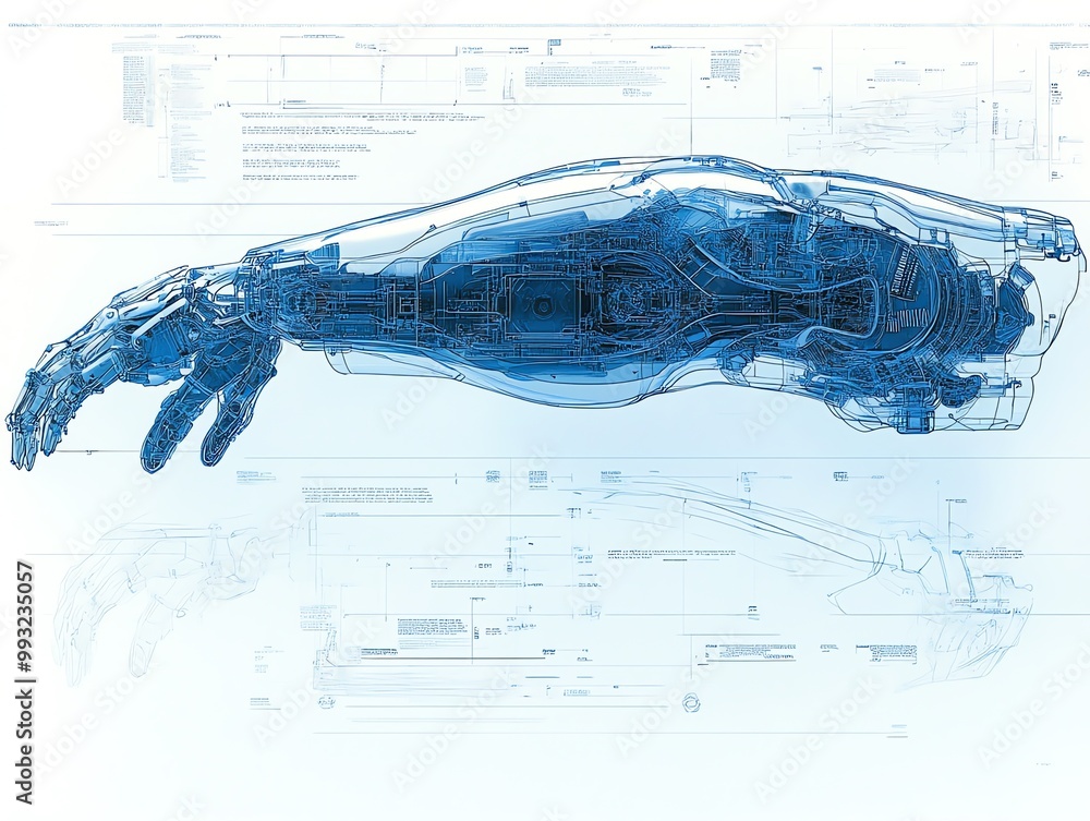 Aufkleber a robotic arm with intricate details and wiring is rendered in a translucent blue against a white ba