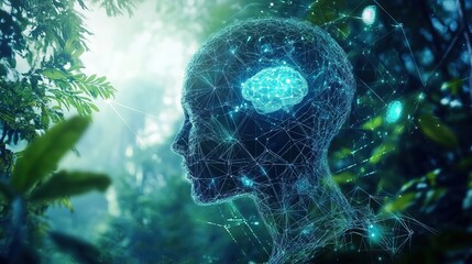 Digital representation of a human head with a glowing brain amidst lush green foliage in a tranquil forest setting