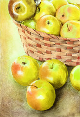 Watercolor pencil and watercolor illustration depicting yellow ripe apples in a yellow wicker basket (This illustration was drawn by hand without the use of generative AI!)
