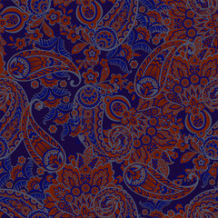 Madhubani, Kalamkari, Chinz, and Kani seamless pattern. Shirting fabric, Ajrakh and Ikat styles. Patola backdrop. Floral allover design