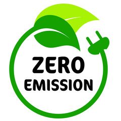 Zero emission logo, green color circle icon with leaf symbol and plug. Eco vector illustration for a greener world and sustainability. Label, sticker, stamp idea concept graphic, isolated background.