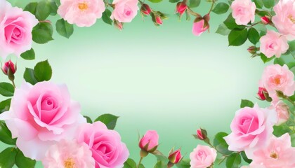 
The background is a postcard with lush delicate peach roses and their buds on a light background with a place set aside for writing text or pictures. greeting card